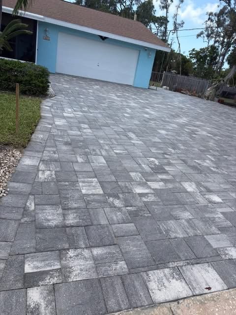 The same driveway before, heavy white efflorescence staining