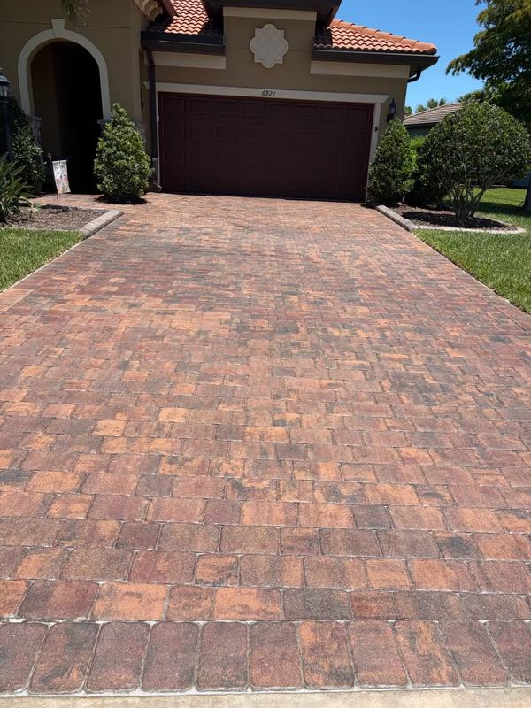 Brick paver driveway, color enhanced and sealed