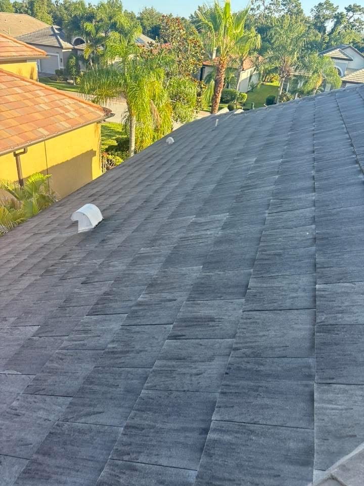 The same tile roof before cleaning, dark with algae streaking