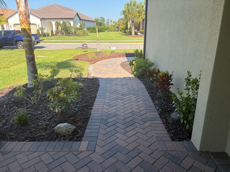 Curved paver walkway through fresh landscaping